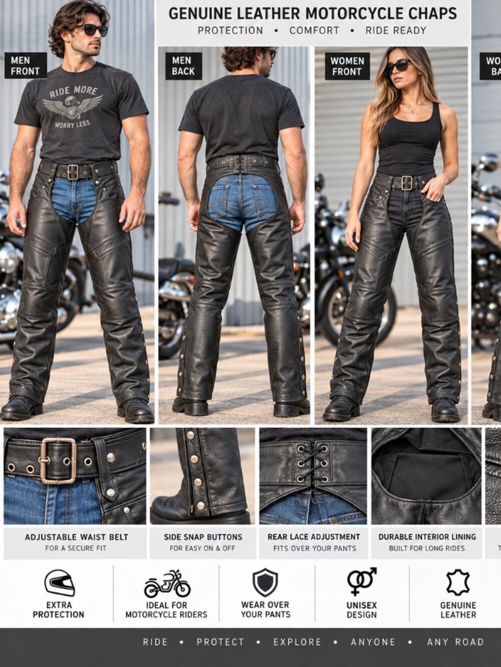 Alpha Cycle Vintage Black Leather Motorcycle Cowboy Chaps 38"